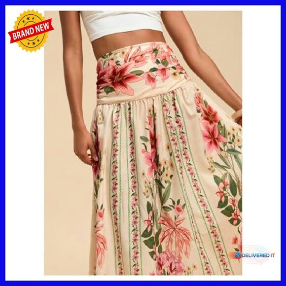 Shirred High Waisted Maxi Skirt A-Line Flowy Long Boho Floral Print - Picture 5 of 7